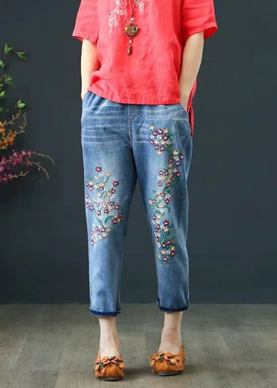 Jeansblaue Boho Sommerhose Bestickte Crop