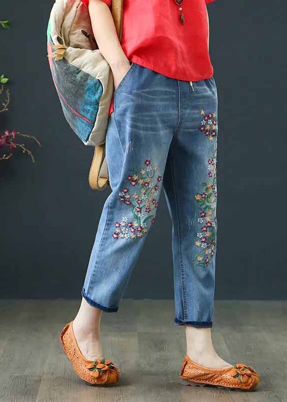 Jeansblaue Boho Sommerhose Bestickte Crop