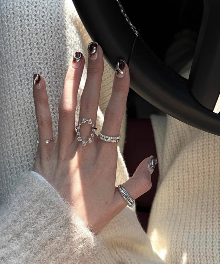 Zircon Rings Set Open Silk Three-Piece Boho Stainless Steel