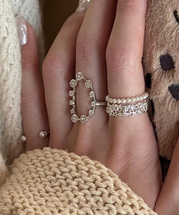 Zircon Rings Set Open Silk Three-Piece Boho Stainless Steel