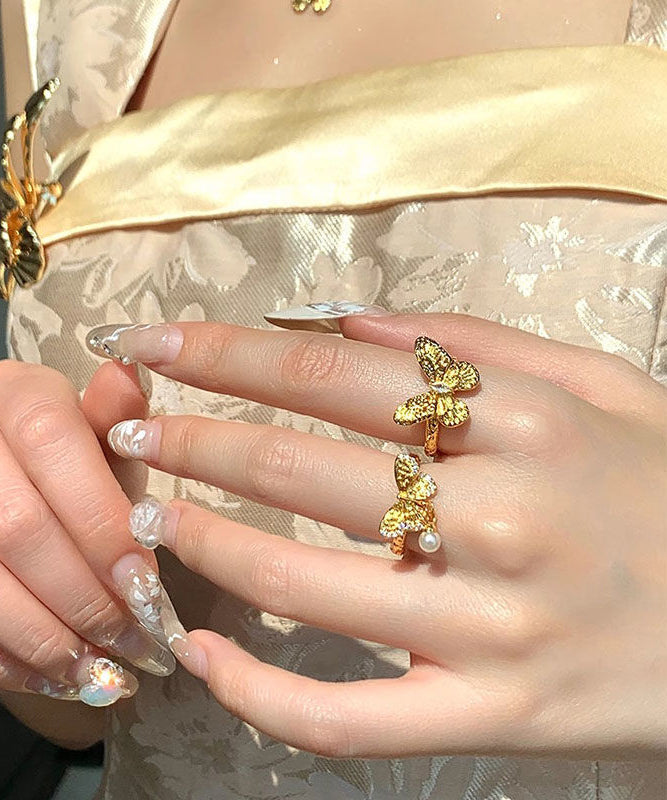 Pearl Set Gold Two-Piece Brief Butterfly Rings Alloy