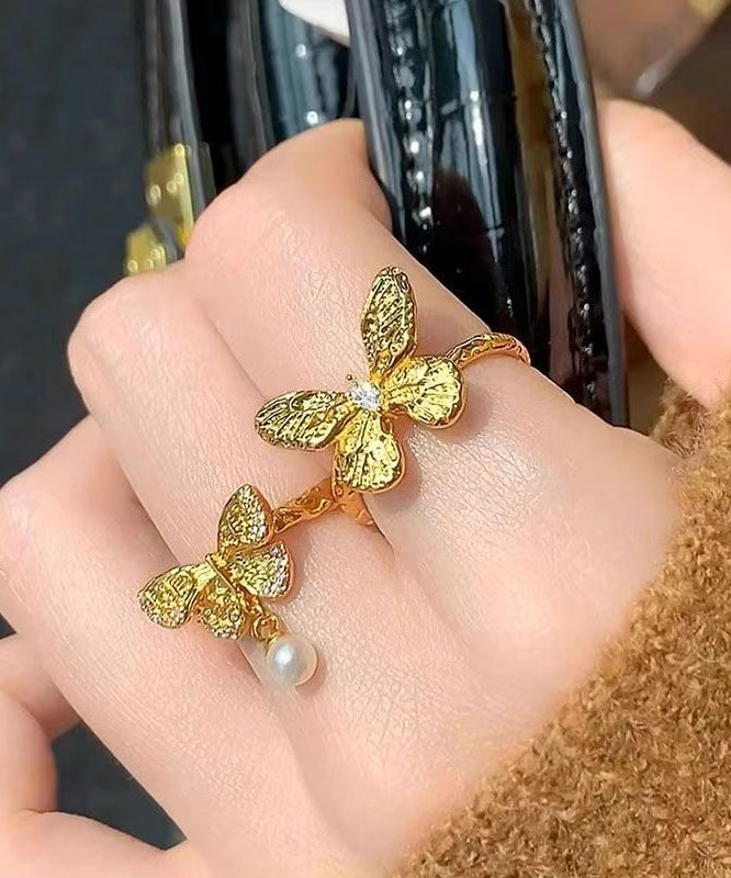 Pearl Set Gold Two-Piece Brief Butterfly Rings Alloy