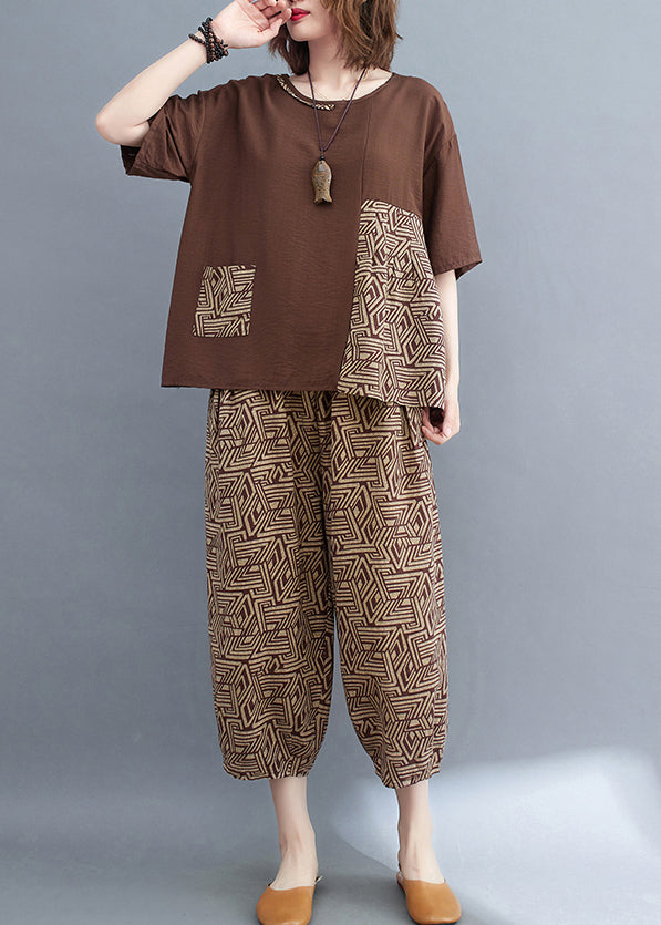 Brown Summer Set Patchwork Print Cotton Piece Two Asymmetrical
