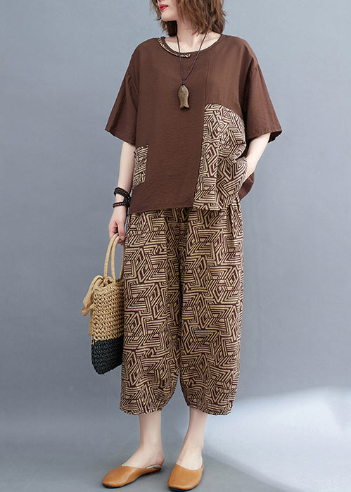 Brown Summer Set Patchwork Print Cotton Piece Two Asymmetrical