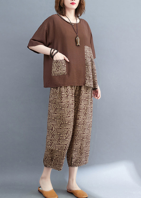 Brown Summer Set Patchwork Print Cotton Piece Two Asymmetrical