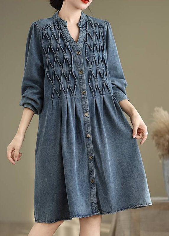 Sleeve Long Stand Dress Lantern Casual Collar Button Blue