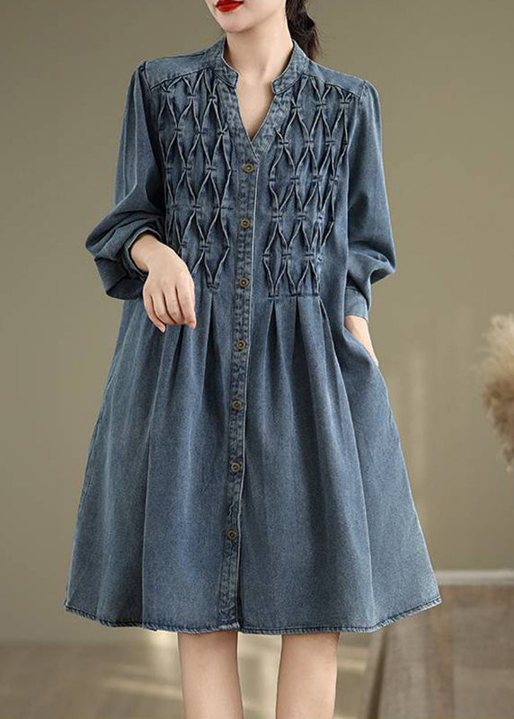 Sleeve Long Stand Dress Lantern Casual Collar Button Blue