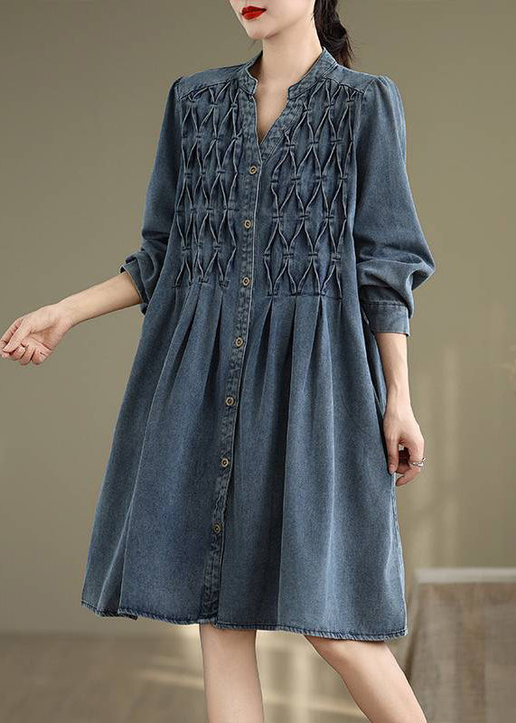 Sleeve Long Stand Dress Lantern Casual Collar Button Blue