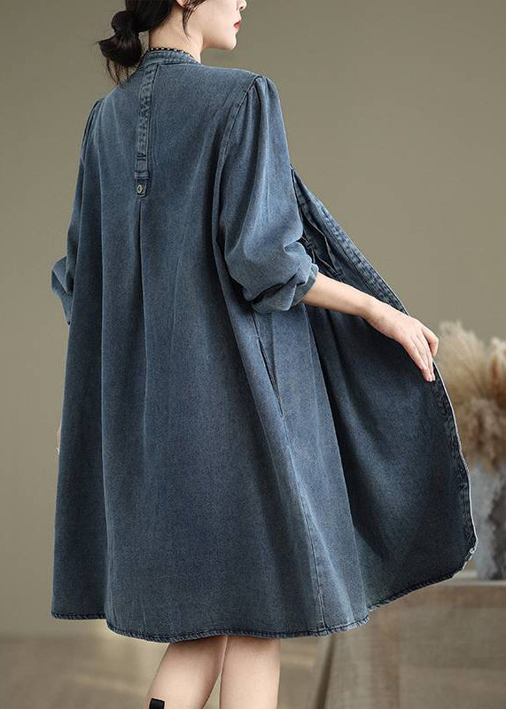 Sleeve Long Stand Dress Lantern Casual Collar Button Blue