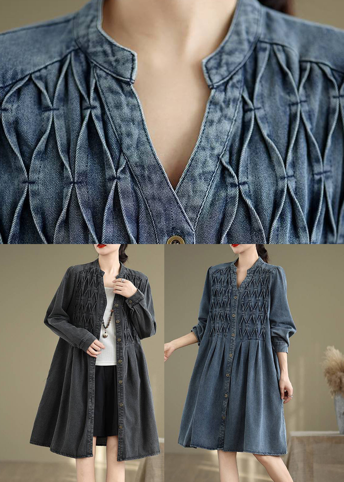 Sleeve Long Stand Dress Lantern Casual Collar Button Blue