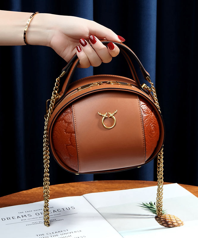Round Versatile Casual Brown Leather Bag Calf