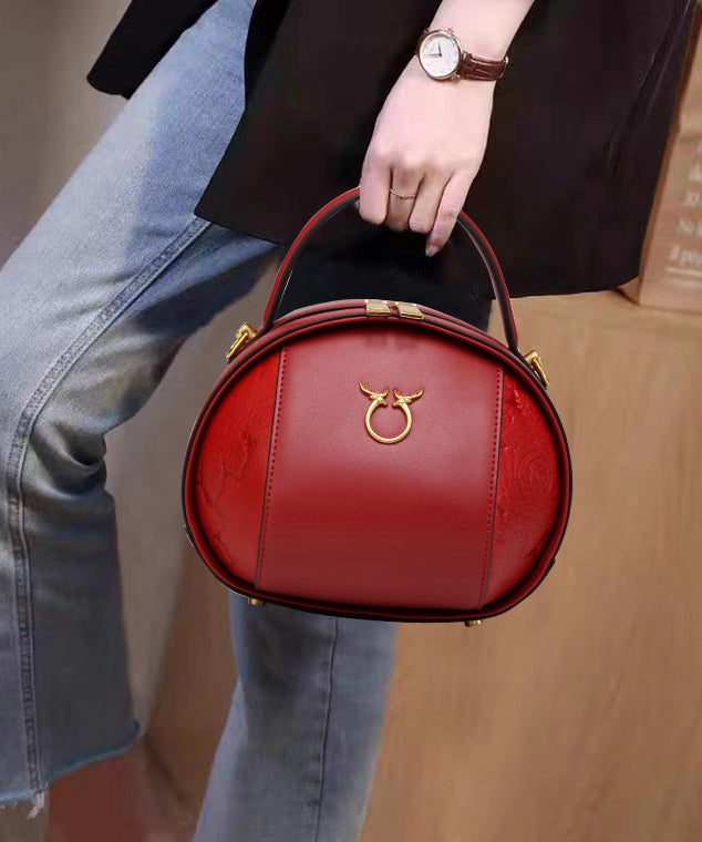 Round Versatile Casual Brown Leather Bag Calf