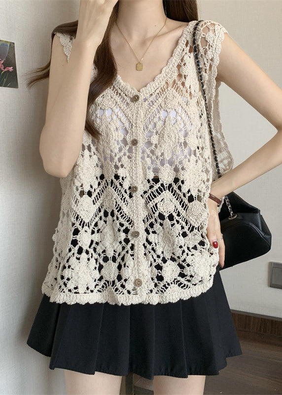 Neck Out Apricot Strickweste V Hohl Ärmellos Chic