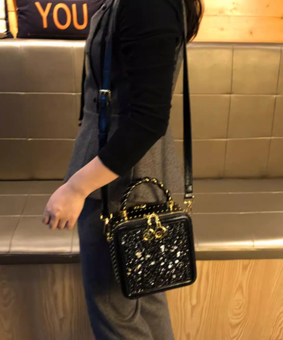 Black Mini Calf Versatile Leather Bag Zircon Chic