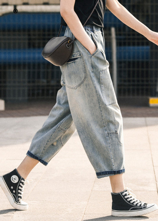 Blue Ripped Denim Pants Oversized Patchwork Summer Applique Chic