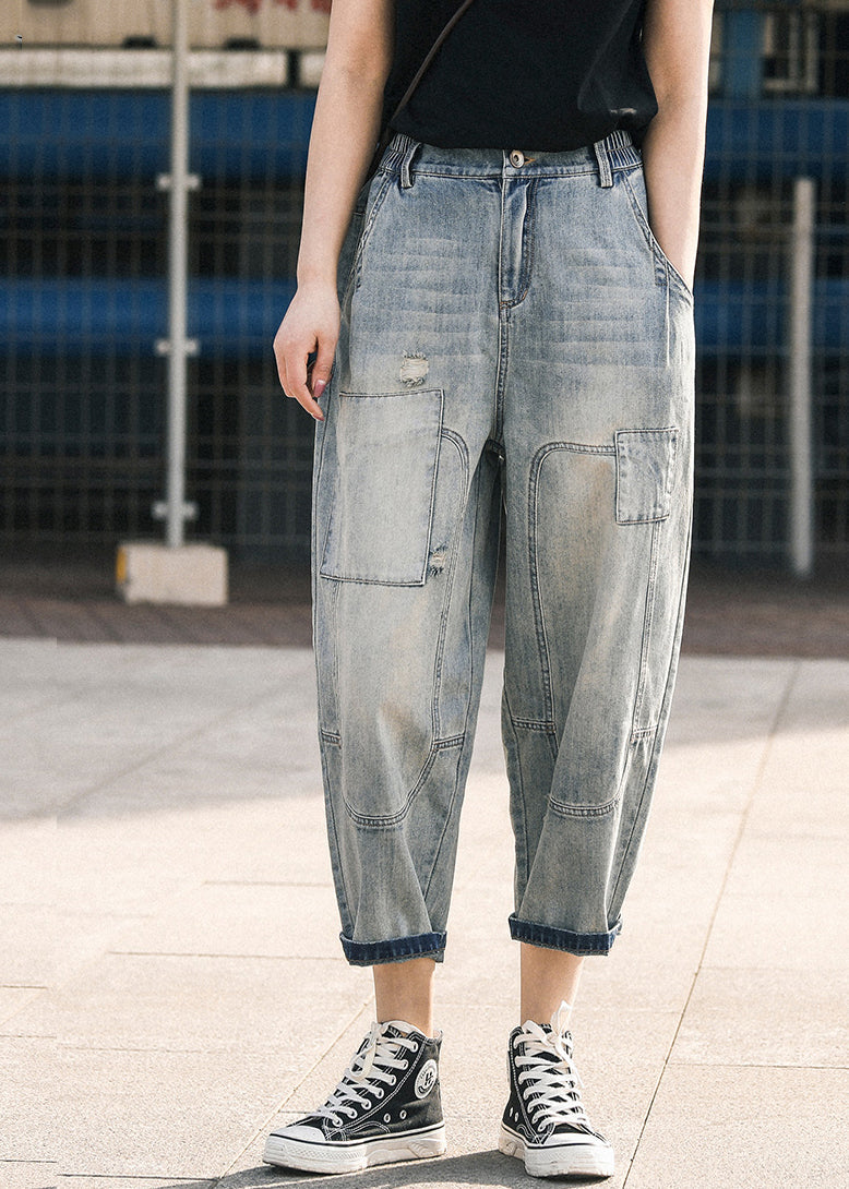 Blue Ripped Denim Pants Oversized Patchwork Summer Applique Chic
