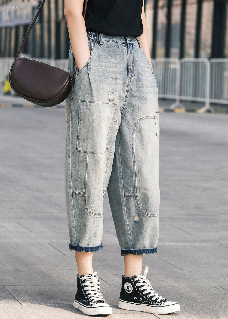 Blue Ripped Denim Pants Oversized Patchwork Summer Applique Chic
