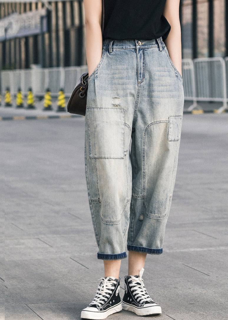 Blue Ripped Denim Pants Oversized Patchwork Summer Applique Chic