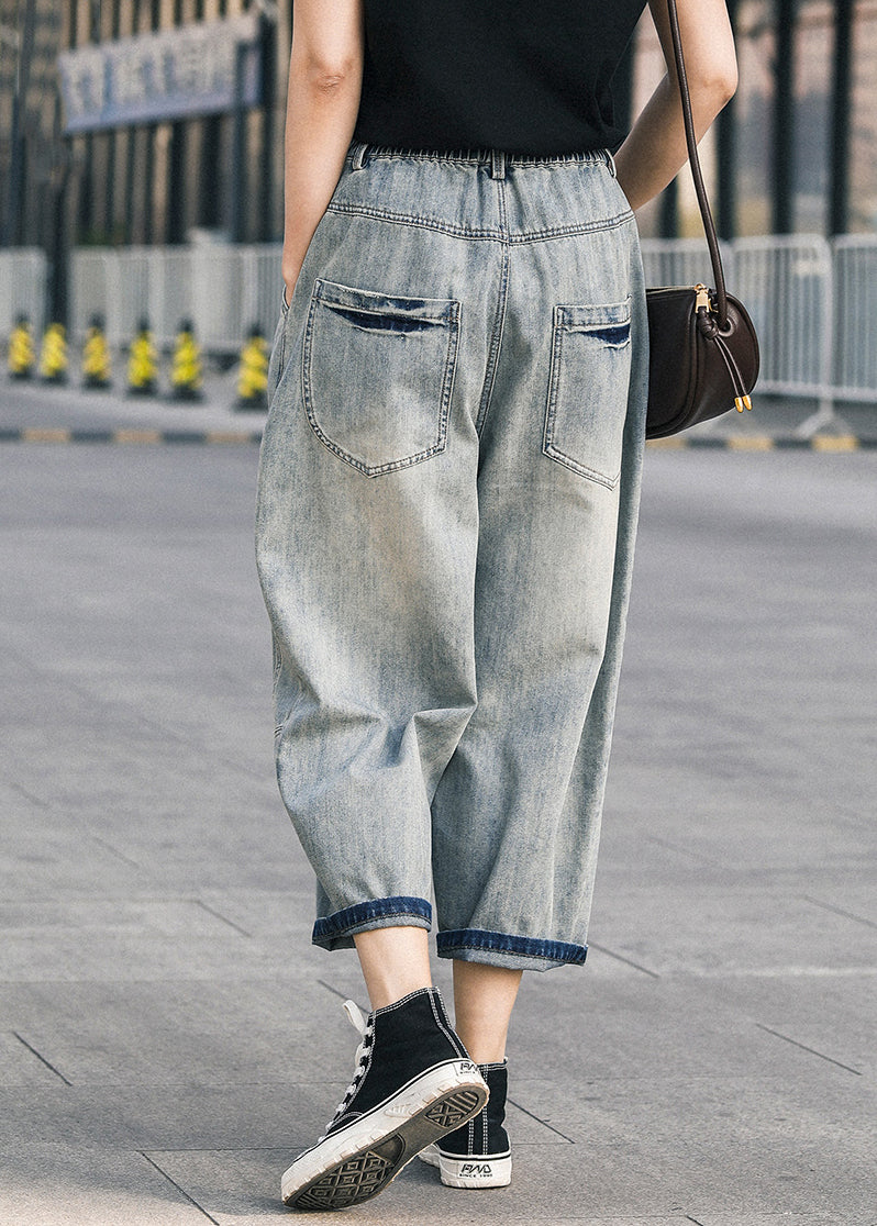 Blue Ripped Denim Pants Oversized Patchwork Summer Applique Chic