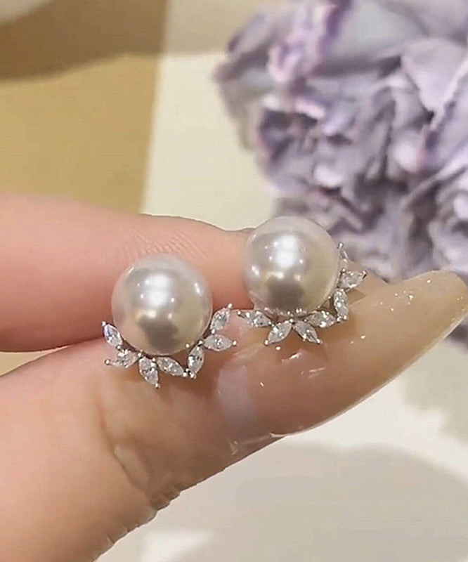 Zircon Earrings Leaf Pearl Copper Chic Stud