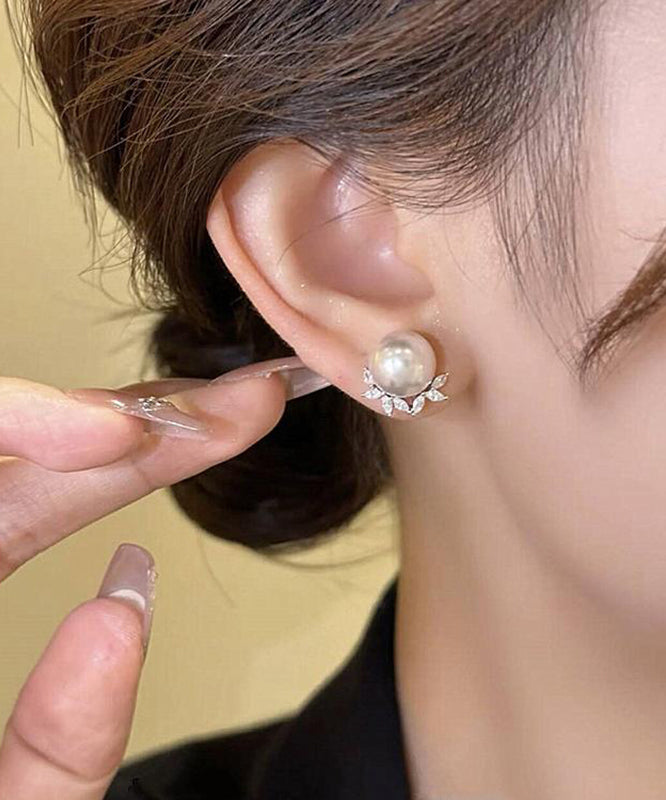 Zircon Earrings Leaf Pearl Copper Chic Stud