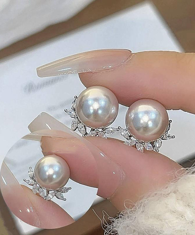 Zircon Earrings Leaf Pearl Copper Chic Stud