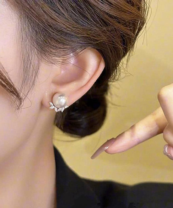 Zircon Earrings Leaf Pearl Copper Chic Stud