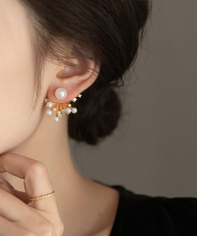 Copper Stud Earrings Gold Overgild Fireworks Classy Zircon Pearl
