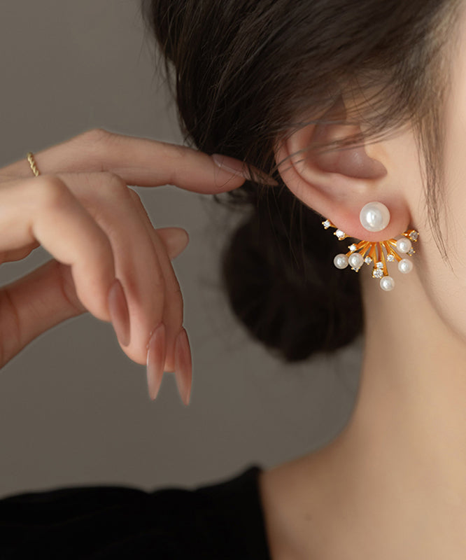 Copper Stud Earrings Gold Overgild Fireworks Classy Zircon Pearl