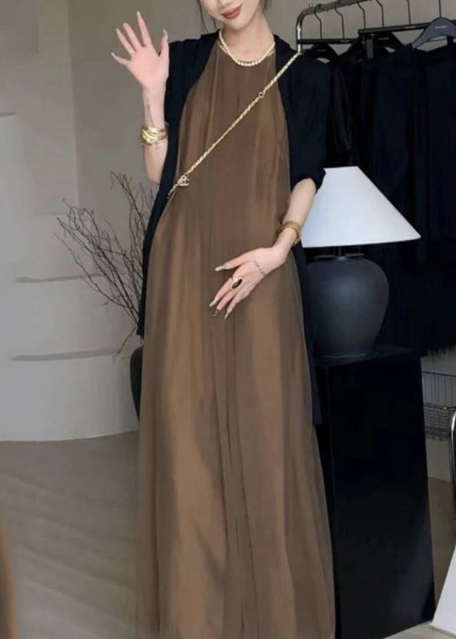 Sleeveless Line Draping A Dresses Chiffon Khaki Classy