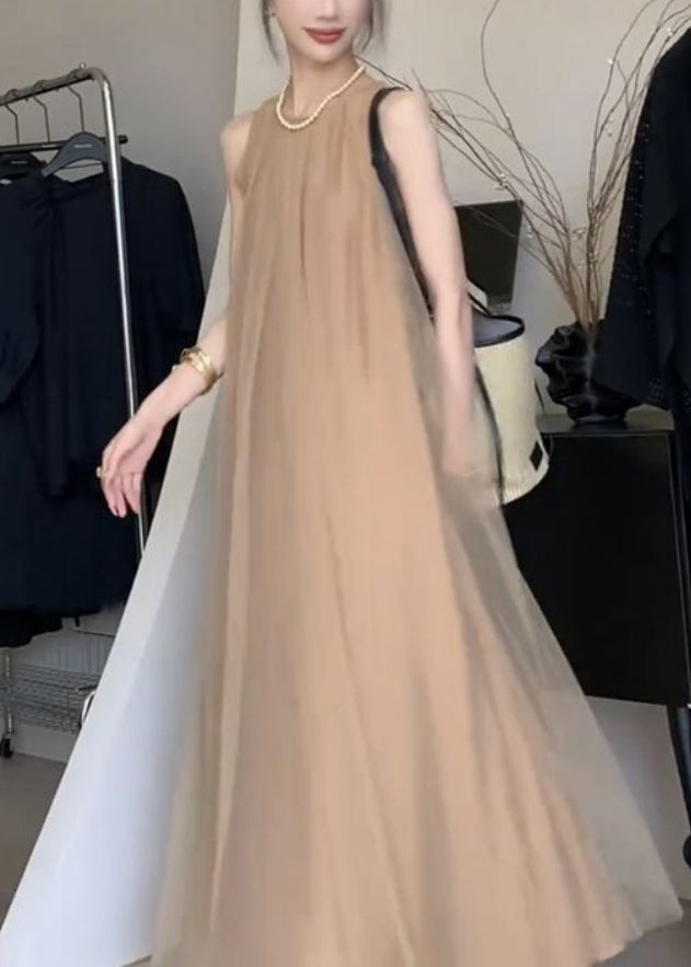 Sleeveless Line Draping A Dresses Chiffon Khaki Classy