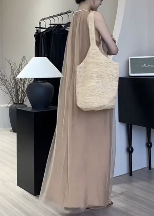 Sleeveless Line Draping A Dresses Chiffon Khaki Classy