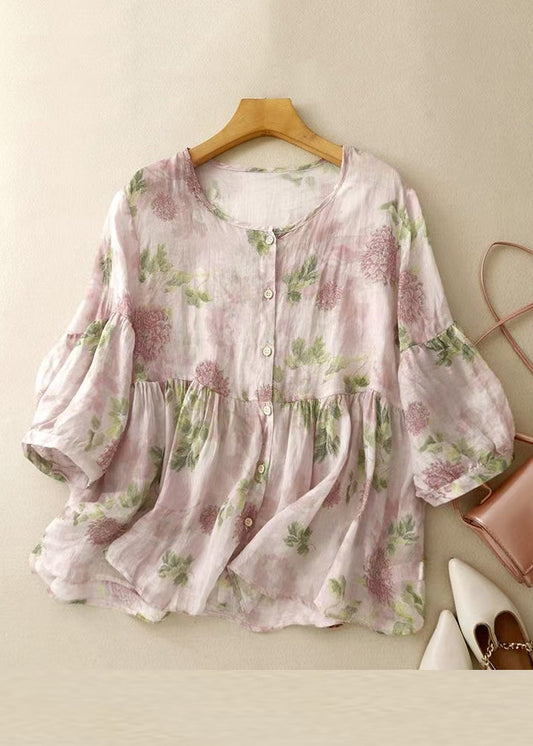 Button Classy Blouse Sleeve Pink Cotton Bracelet O Neck Print