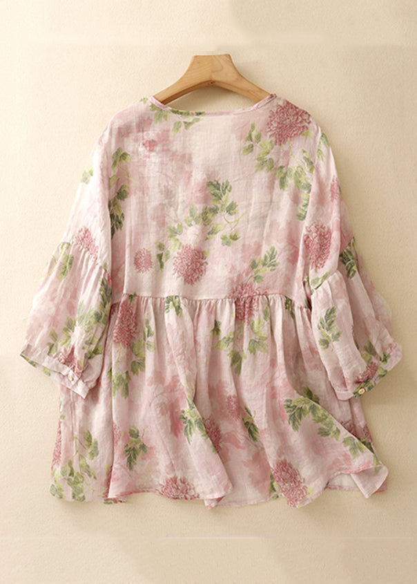 Button Classy Blouse Sleeve Pink Cotton Bracelet O Neck Print