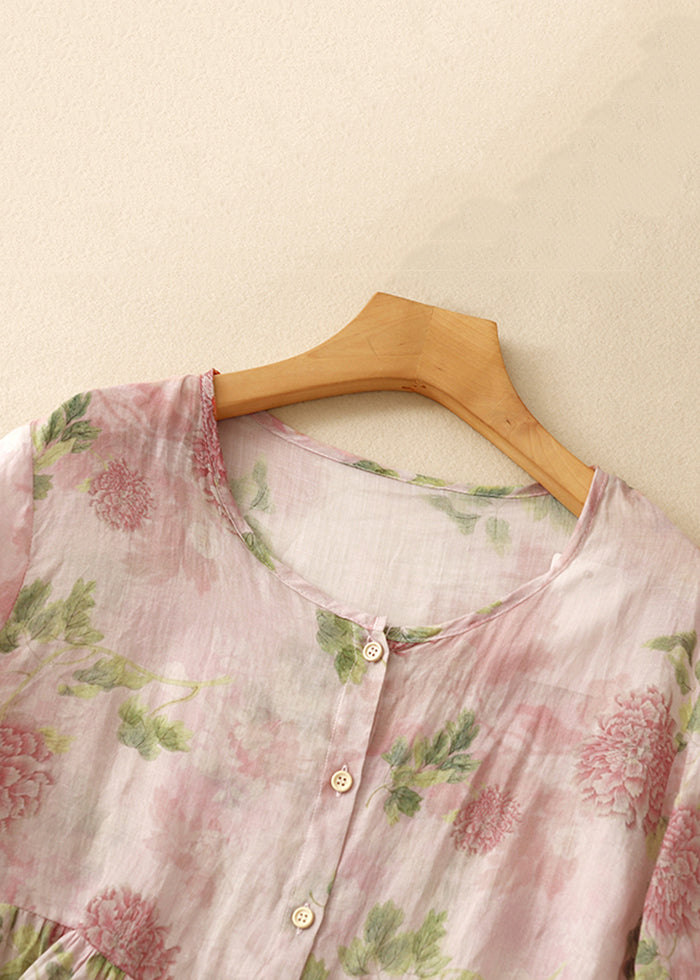 Button Classy Blouse Sleeve Pink Cotton Bracelet O Neck Print