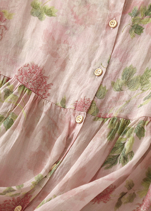 Button Classy Blouse Sleeve Pink Cotton Bracelet O Neck Print
