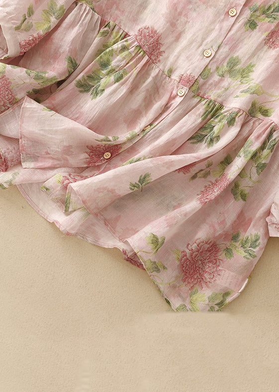 Button Classy Blouse Sleeve Pink Cotton Bracelet O Neck Print