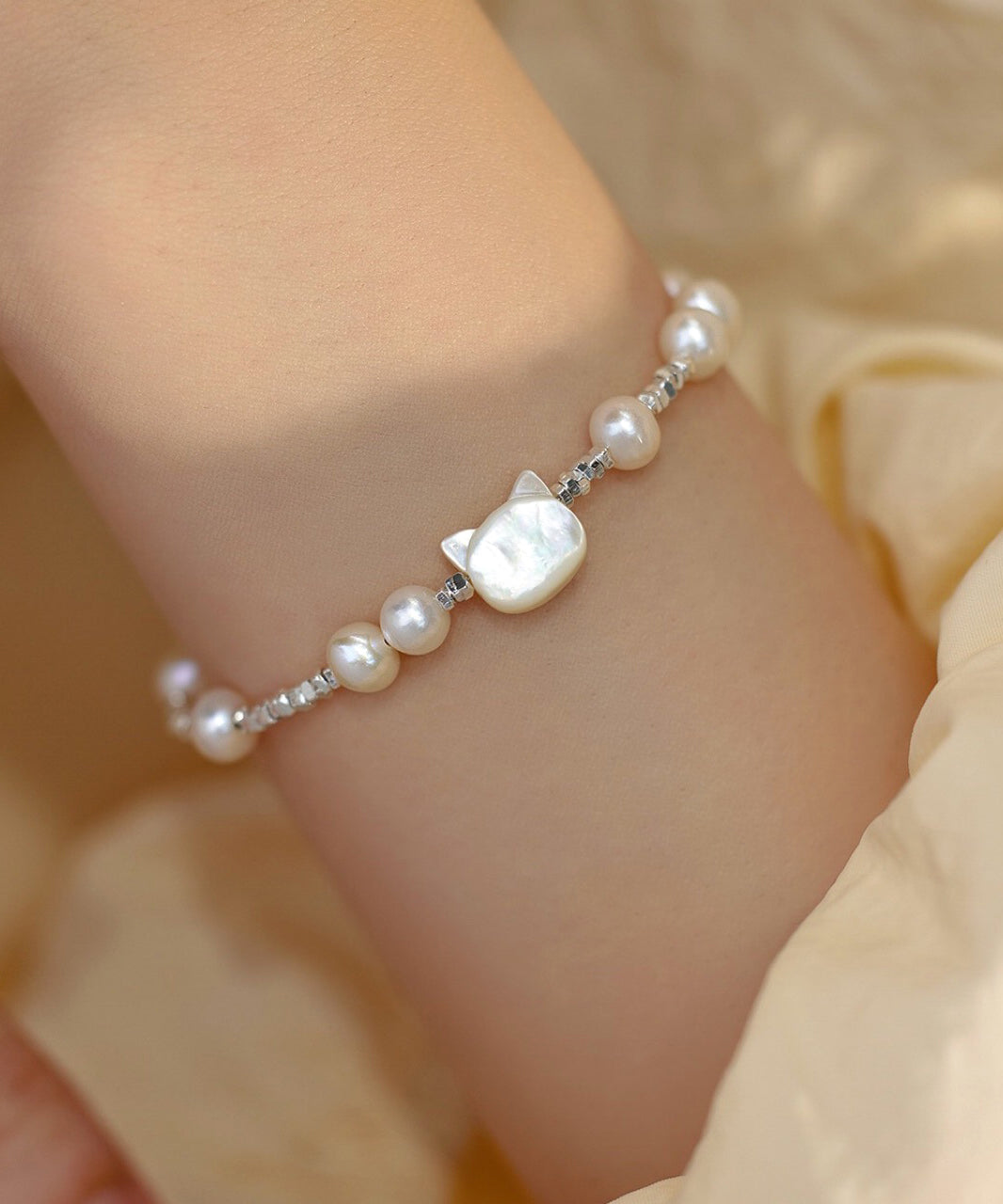 小さなシルバーホワイトクラッシュキャッツDIYスターリングブレスレットパール