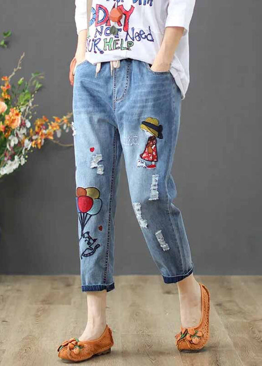 Elastic Denim Blue Summer Waist Embroidered Pants