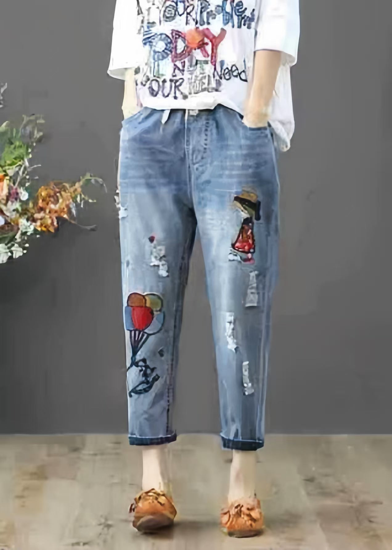 Elastic Denim Blue Summer Waist Embroidered Pants