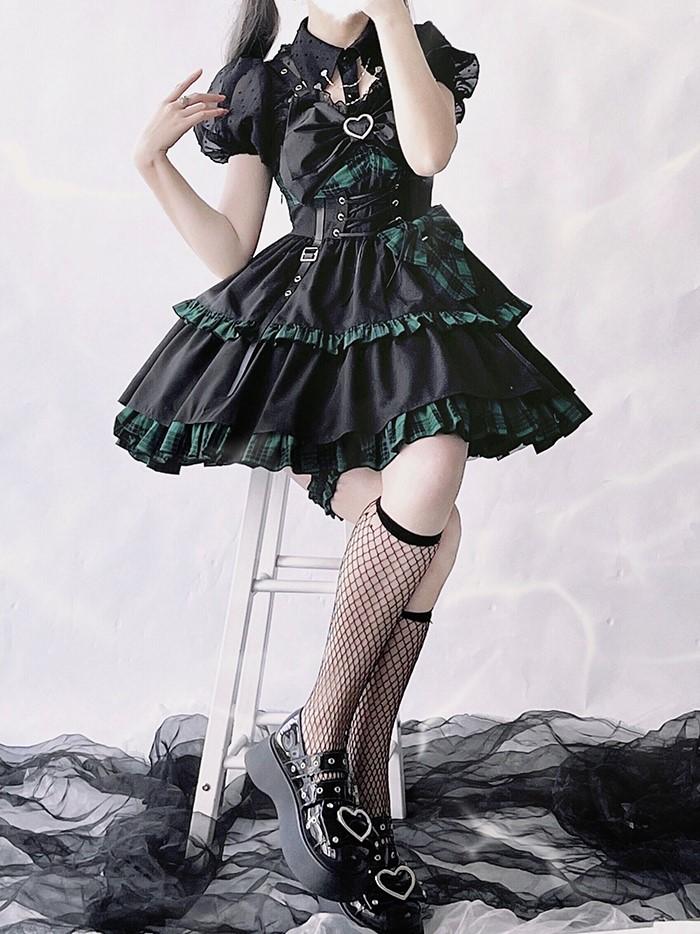 Punk Idol Lolita-Kleid, schwarz und kariert, blauer Pulloverrock