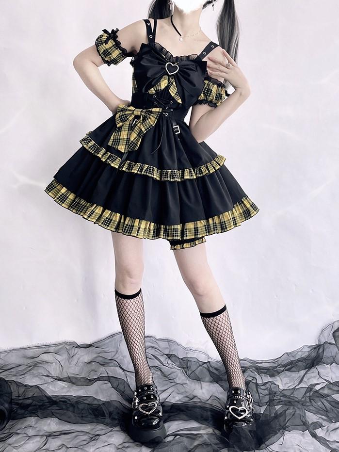 Punk Idol Lolita-Kleid, schwarz und kariert, blauer Pulloverrock