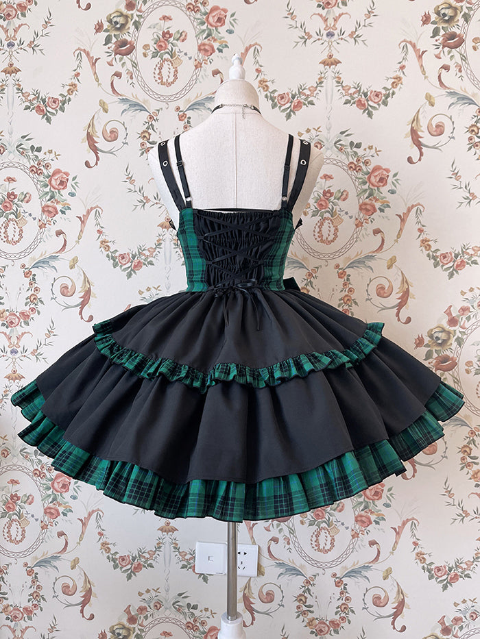Punk Idol Lolita-Kleid, schwarz und kariert, blauer Pulloverrock