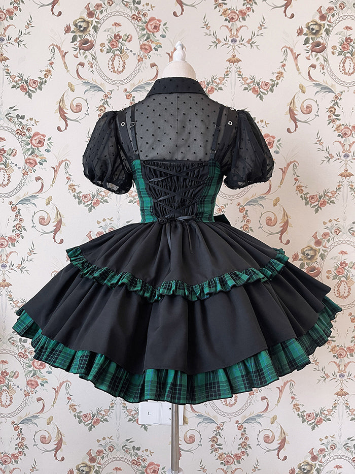Punk Idol Lolita-Kleid, schwarz und kariert, blauer Pulloverrock