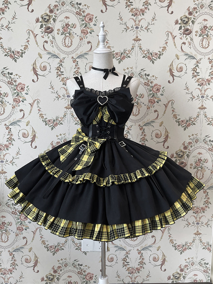 Punk Idol Lolita-Kleid, schwarz und kariert, blauer Pulloverrock
