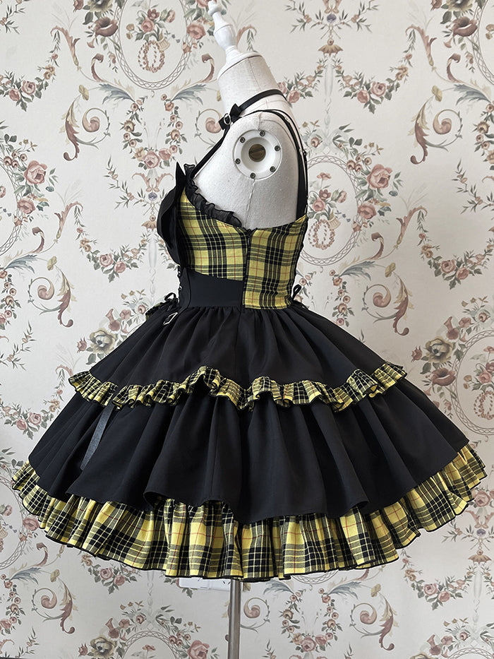 Punk Idol Lolita-Kleid, schwarz und kariert, blauer Pulloverrock