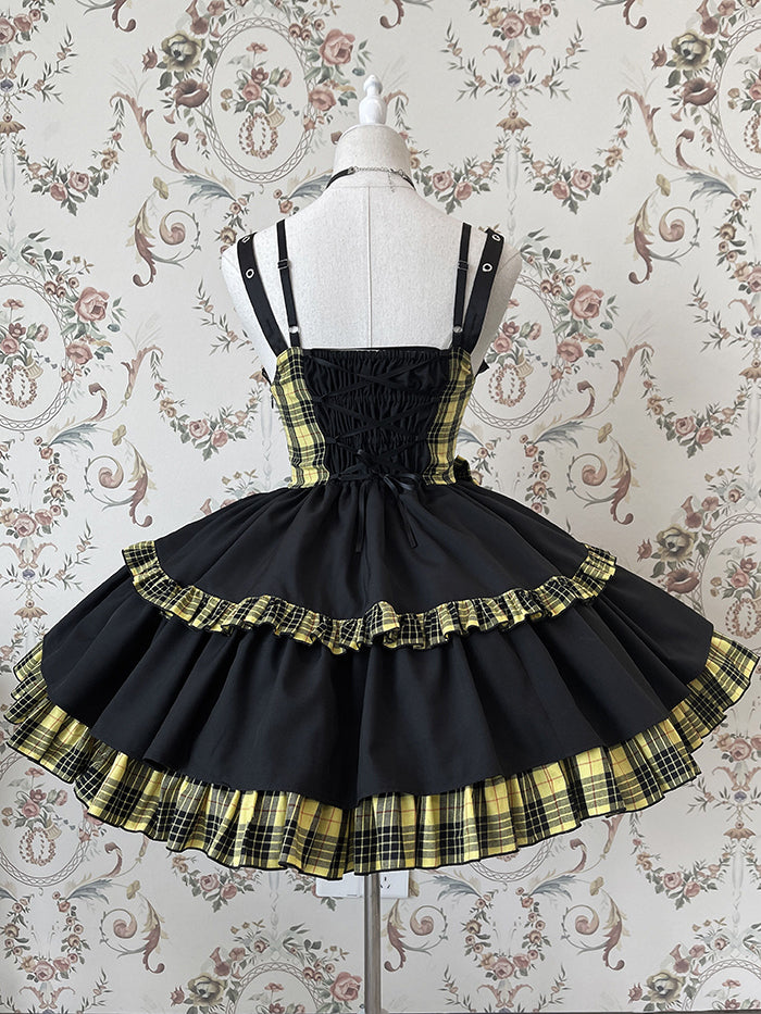 Punk Idol Lolita-Kleid, schwarz und kariert, blauer Pulloverrock