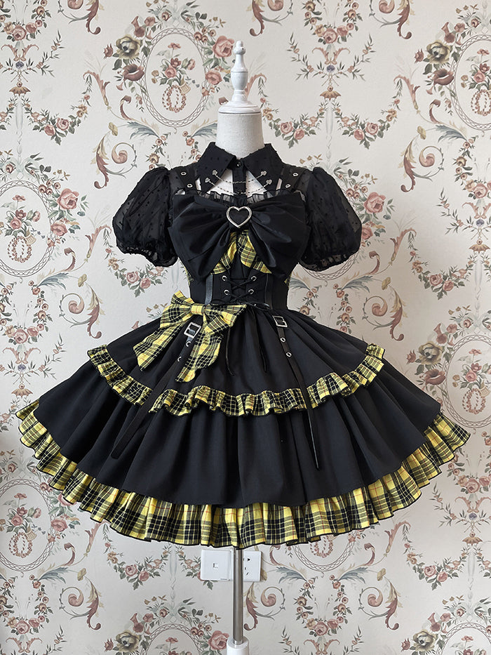 Punk Idol Lolita-Kleid, schwarz und kariert, blauer Pulloverrock