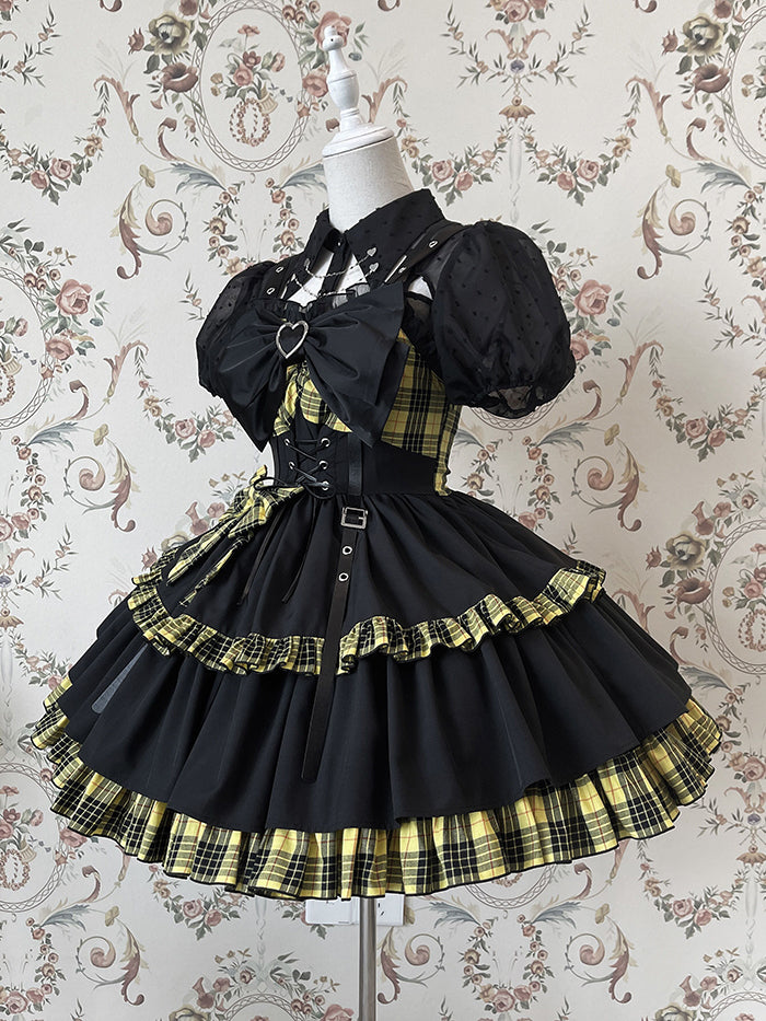 Punk Idol Lolita-Kleid, schwarz und kariert, blauer Pulloverrock