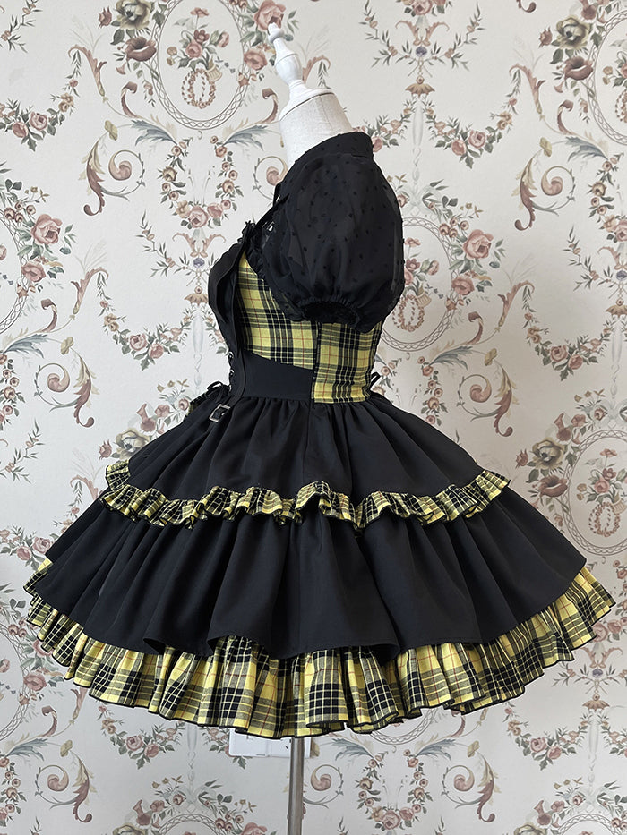 Punk Idol Lolita-Kleid, schwarz und kariert, blauer Pulloverrock